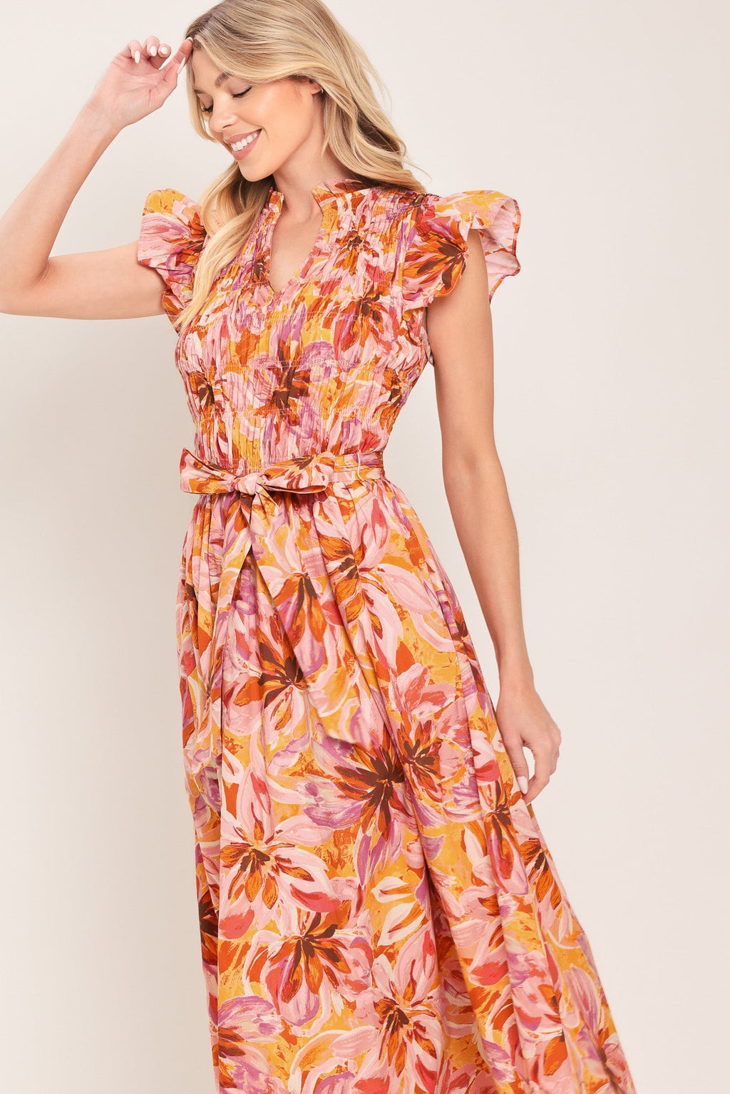 APRICOT BLOSSOM WOVEN MIDI DRESS