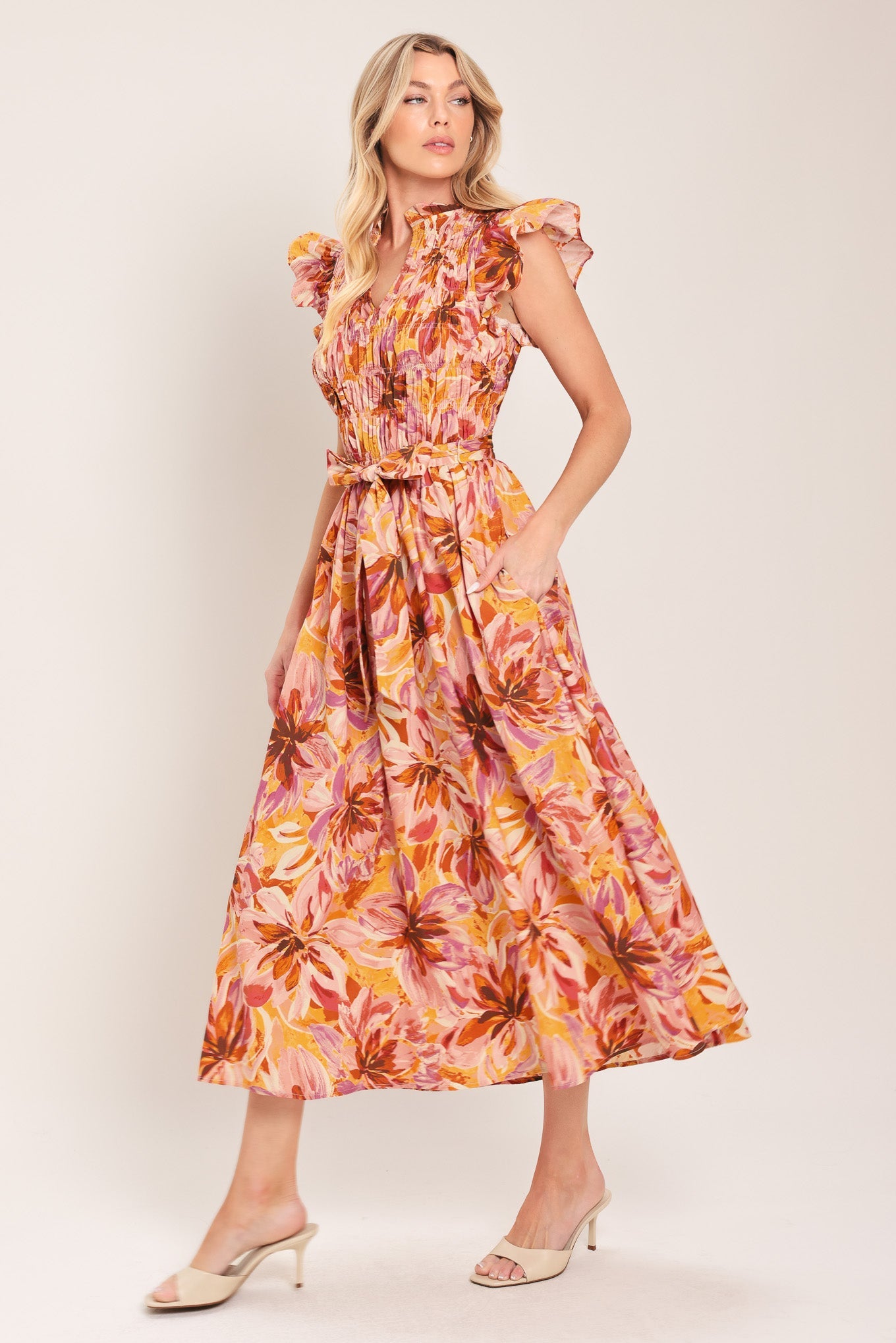 APRICOT BLOSSOM WOVEN MIDI DRESS