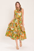 TROPICAL BLOOM TIERED WOVEN MIDI SHIRT DRESS
