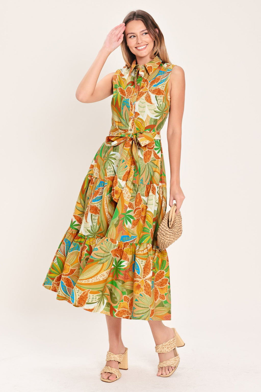 TROPICAL BLOOM TIERED WOVEN MIDI SHIRT DRESS