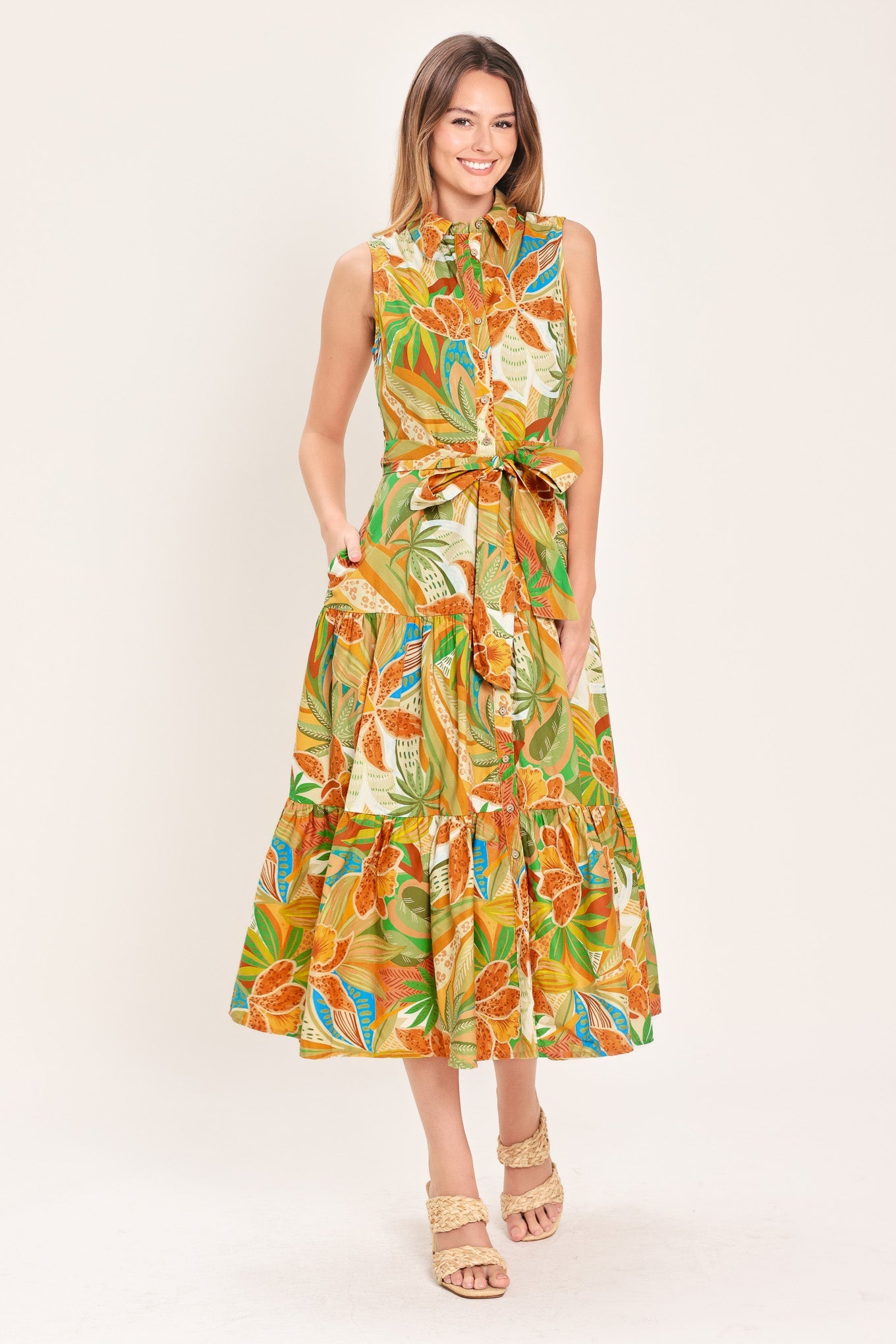 TROPICAL BLOOM TIERED WOVEN MIDI SHIRT DRESS