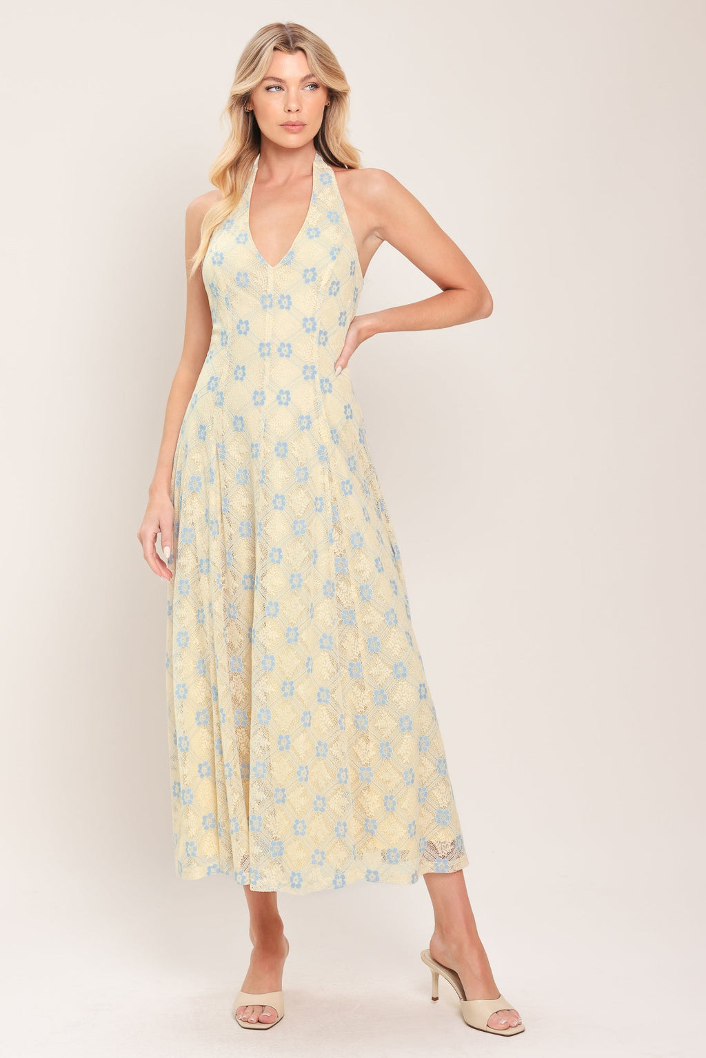 DELICATE BLOOM HALTER WOVEN LACE MIDI DRESS