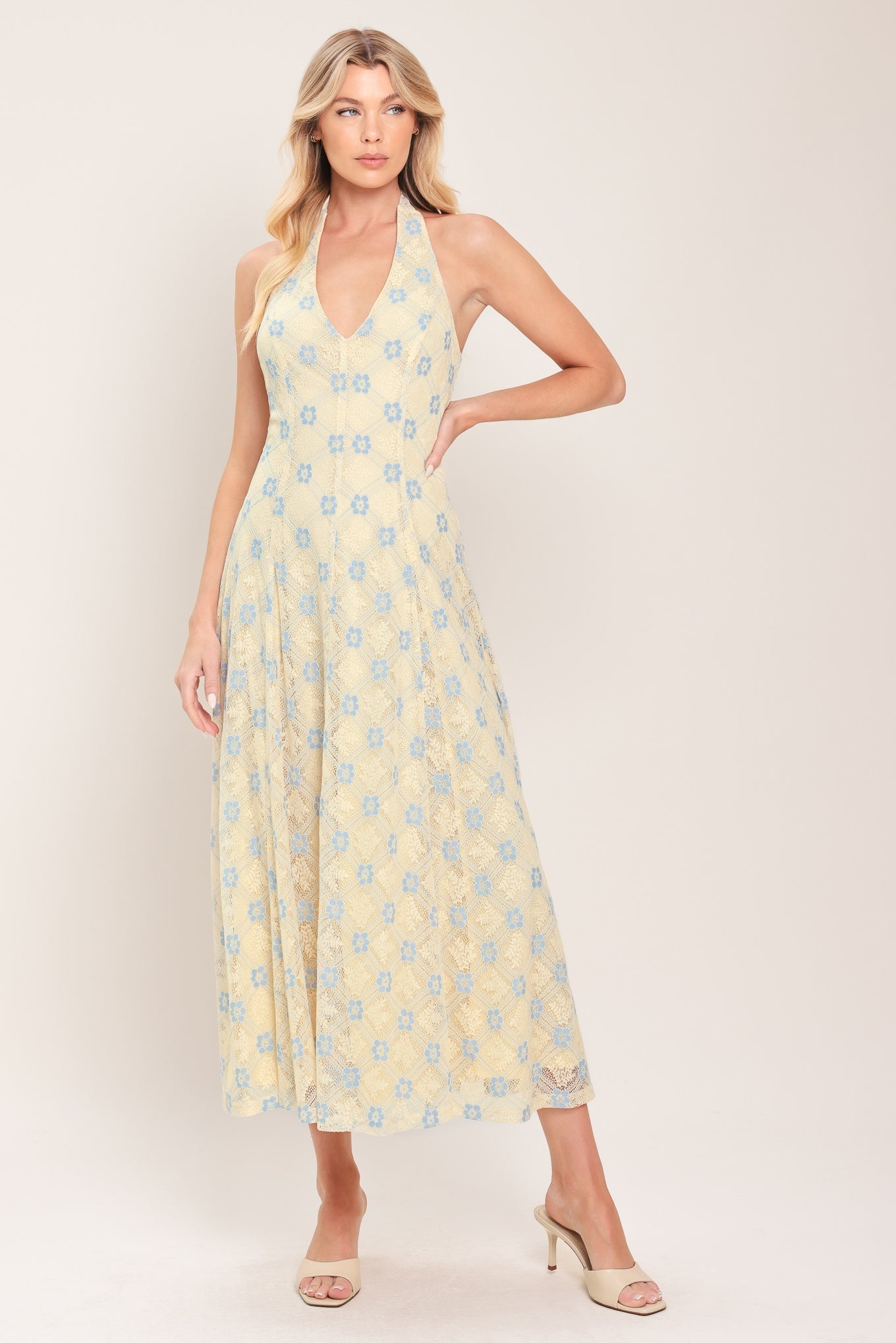 DELICATE BLOOM HALTER WOVEN LACE MIDI DRESS