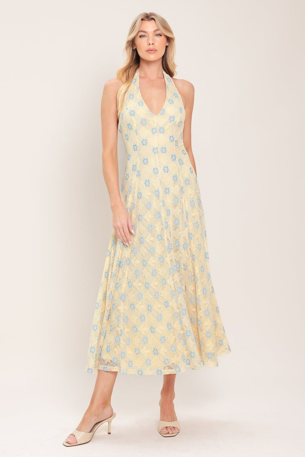 DELICATE BLOOM HALTER WOVEN LACE MIDI DRESS