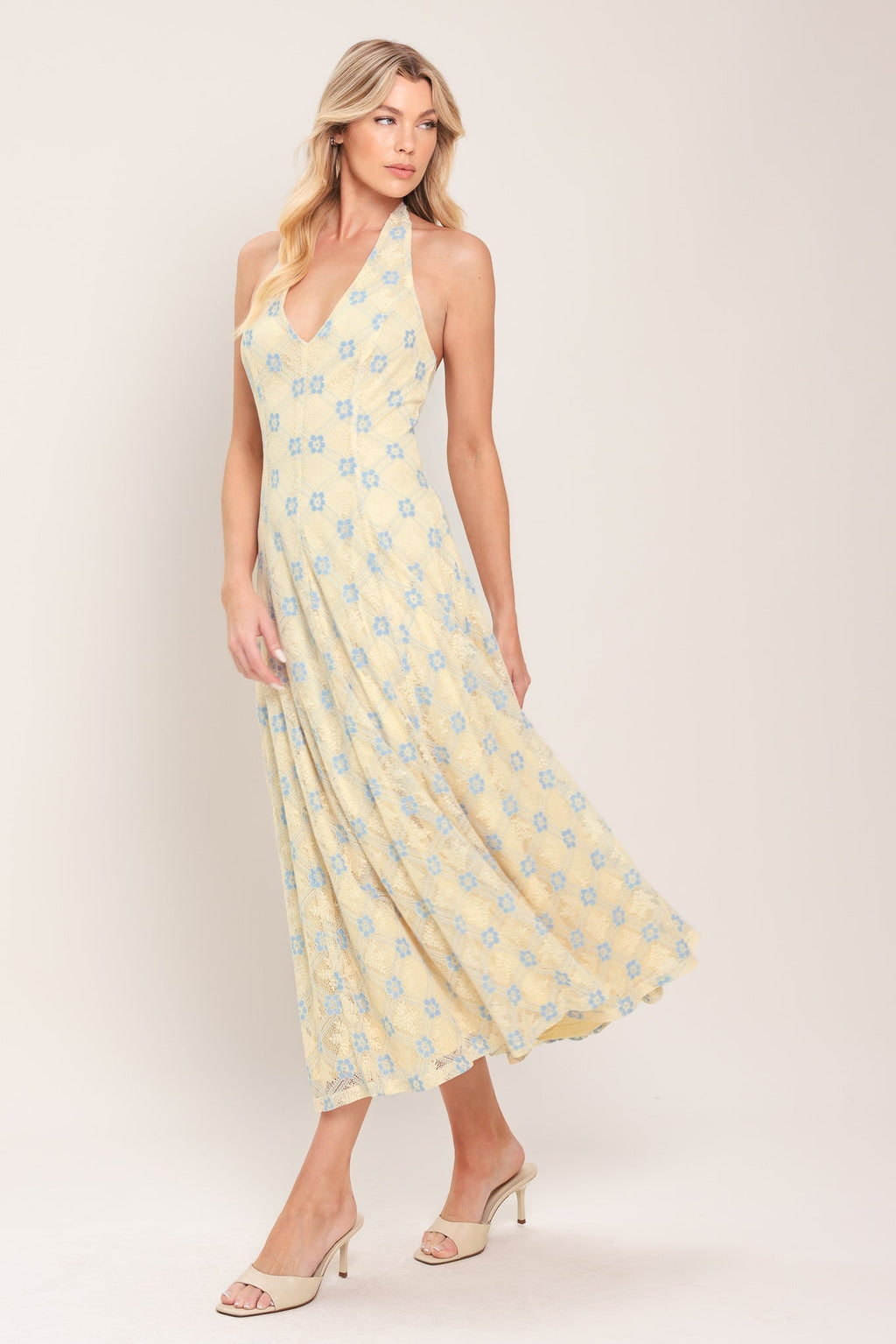 DELICATE BLOOM HALTER WOVEN LACE MIDI DRESS