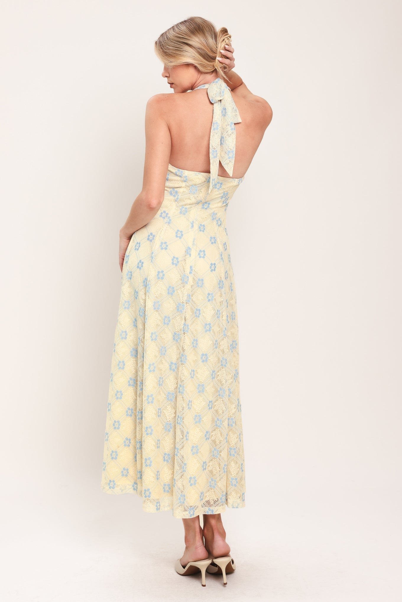 DELICATE BLOOM HALTER WOVEN LACE MIDI DRESS