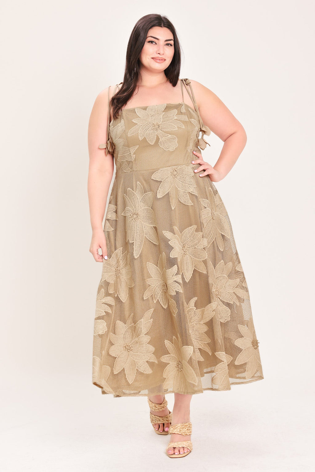 SANDY BLOOM FLORAL WOVEN LACE MIDI DRESS