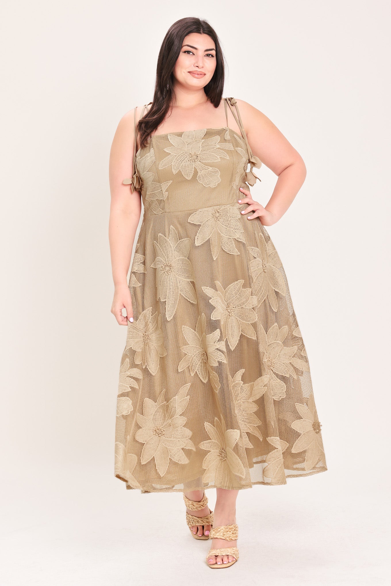 SANDY BLOOM FLORAL WOVEN LACE MIDI DRESS