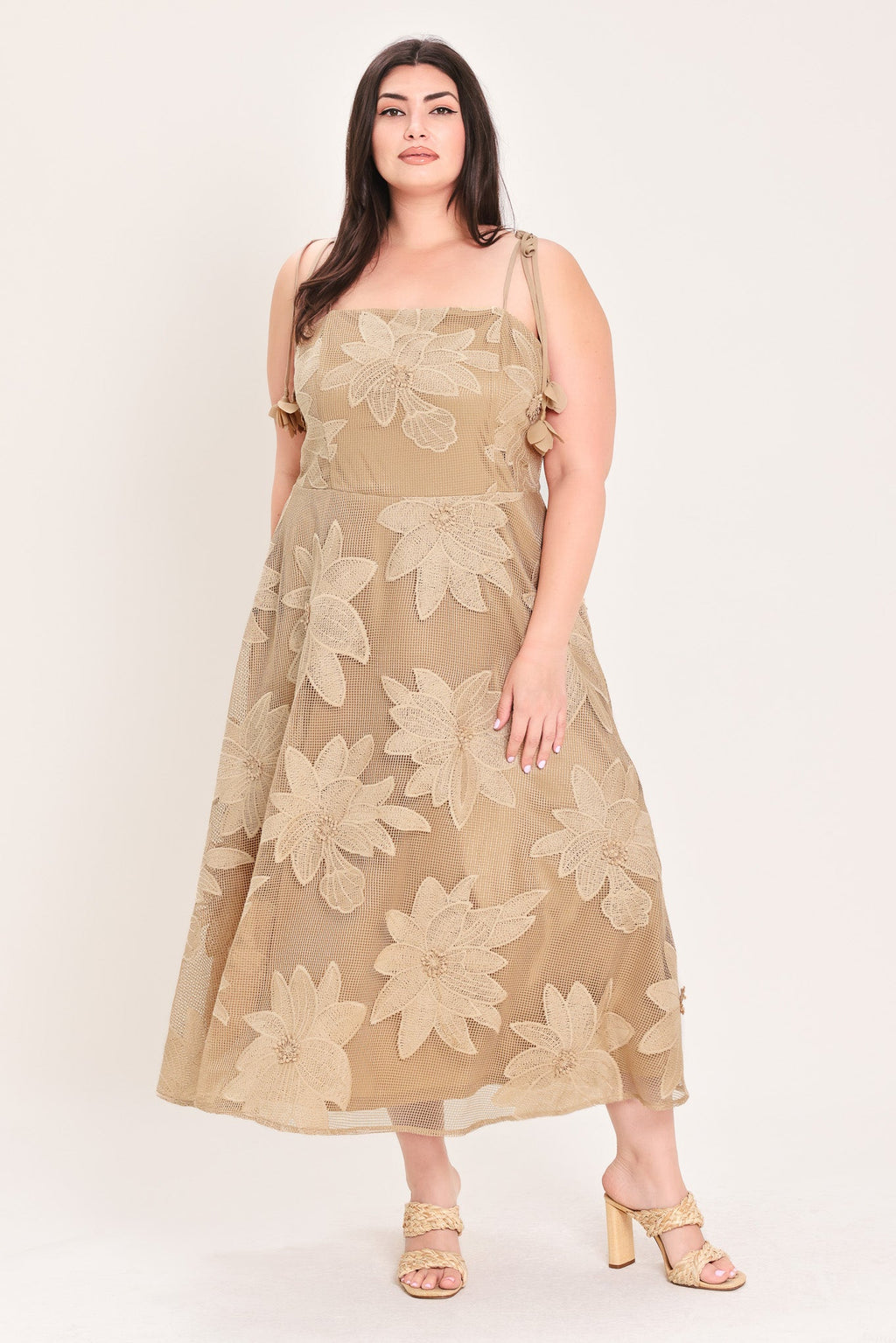 SANDY BLOOM FLORAL WOVEN LACE MIDI DRESS