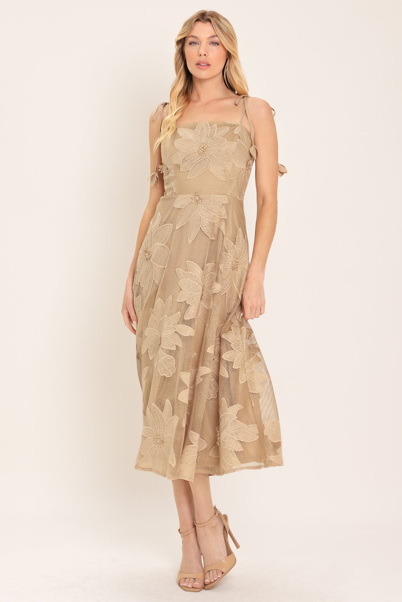 SANDY BLOOM FLORAL WOVEN LACE MIDI DRESS