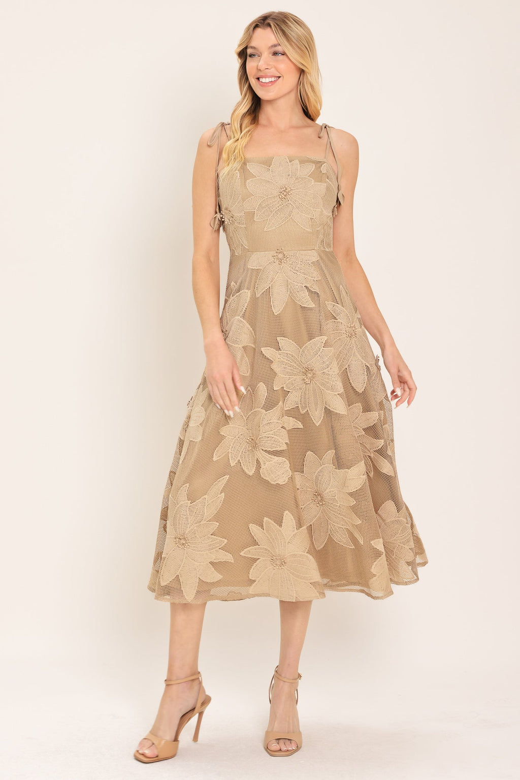 SANDY BLOOM FLORAL WOVEN LACE MIDI DRESS