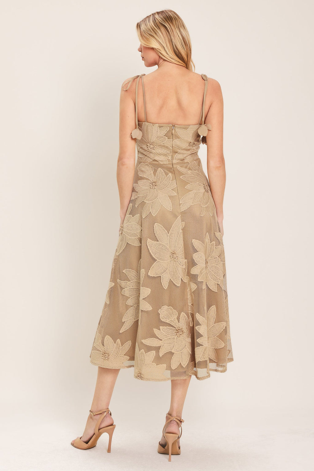 SANDY BLOOM FLORAL WOVEN LACE MIDI DRESS