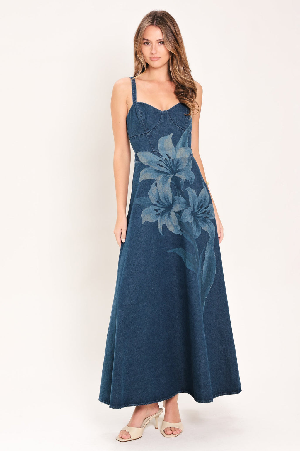 MIDNIGHT BLOOM DENIM MIDI DRESS