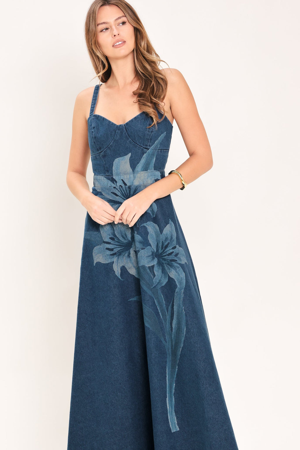 MIDNIGHT BLOOM DENIM MIDI DRESS