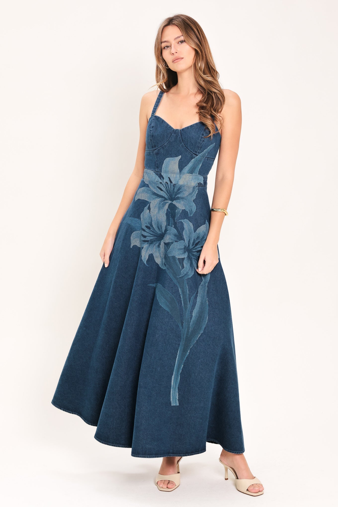 MIDNIGHT BLOOM DENIM MIDI DRESS