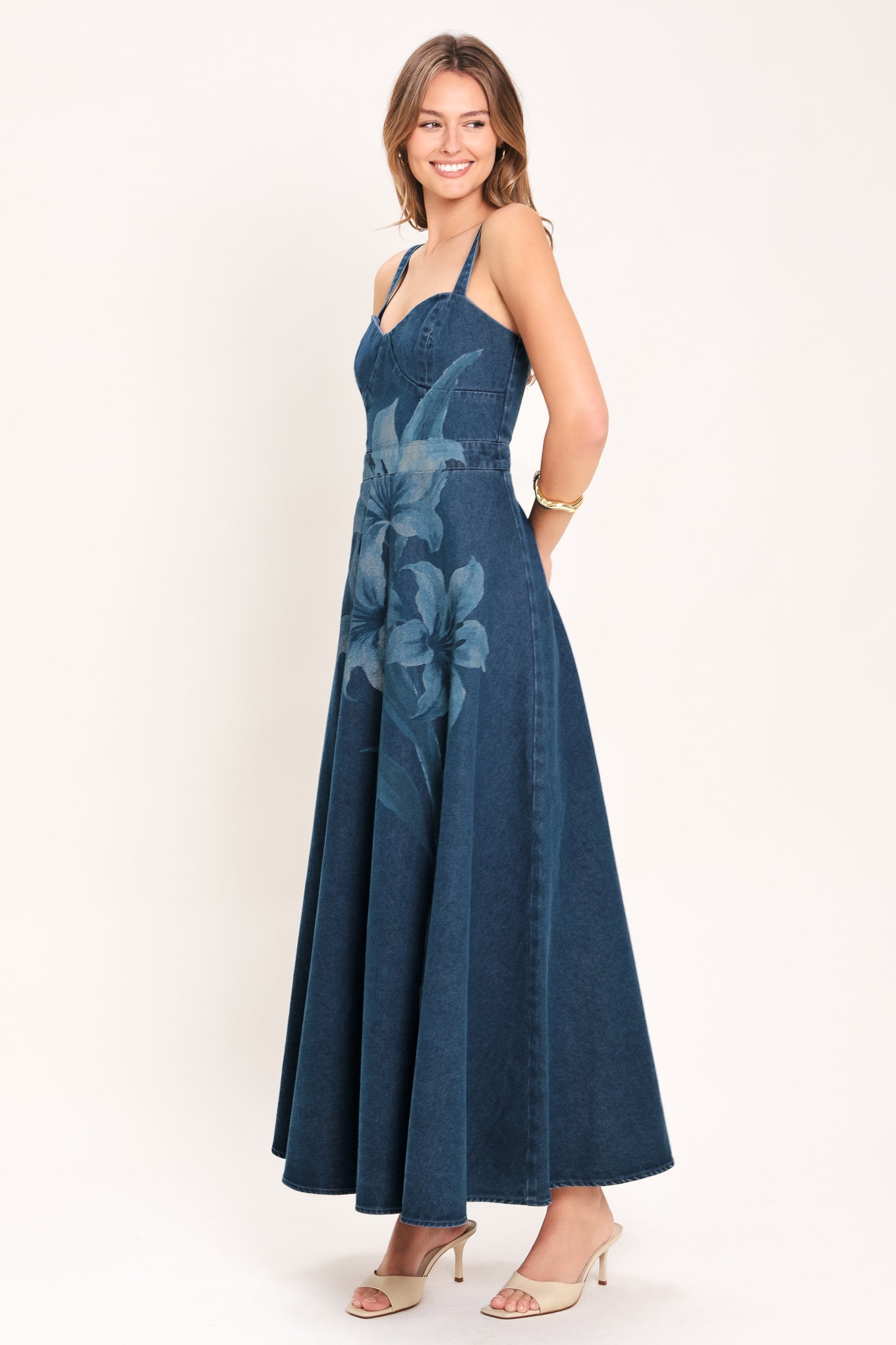 MIDNIGHT BLOOM DENIM MIDI DRESS