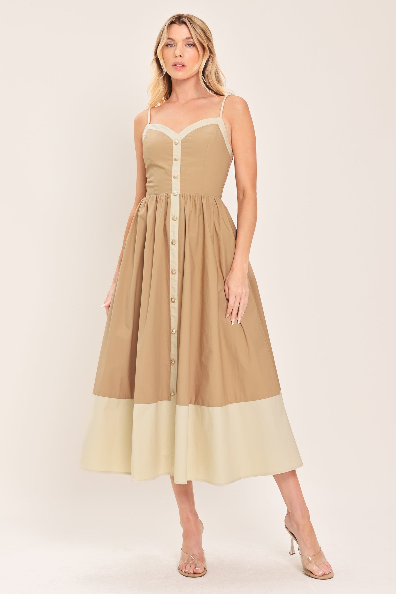 SANDSTONE SWEETHEART WOVEN MIDI DRESS