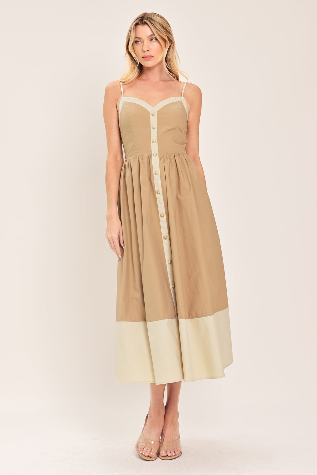 SANDSTONE SWEETHEART WOVEN MIDI DRESS