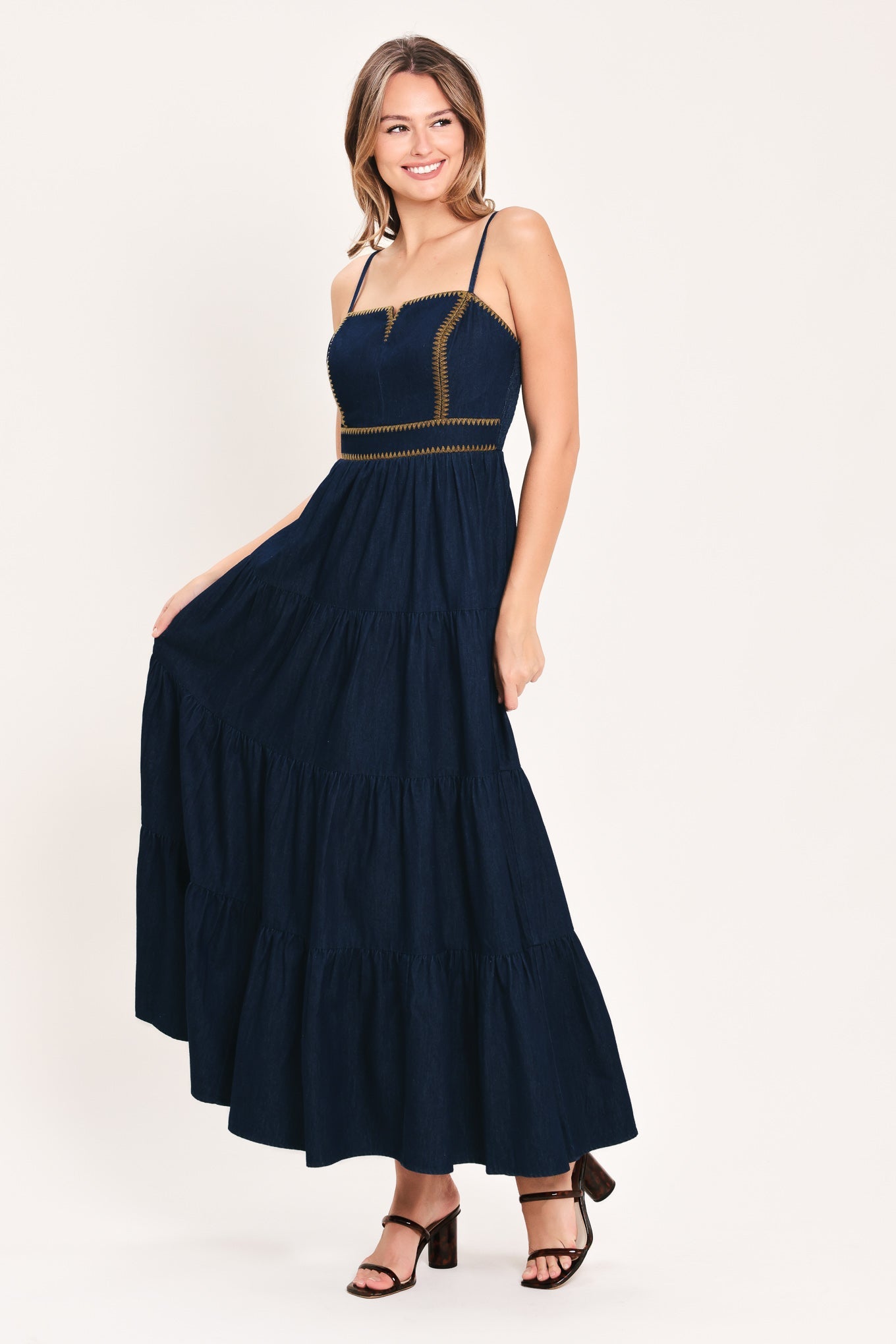 STARS ALONG THE SEAM DENIM MAXI DRESS
