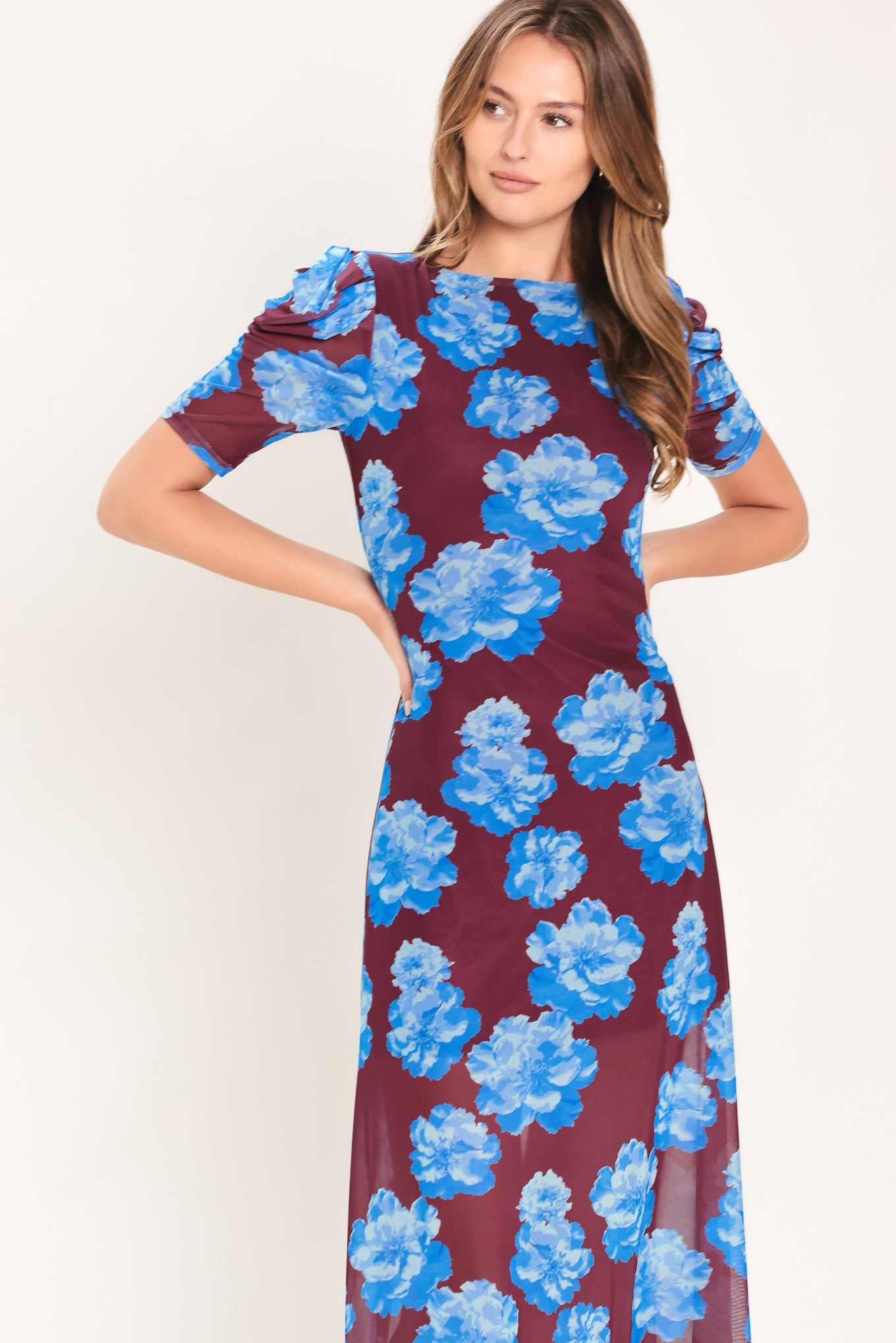 ROYAL BLOOM POWER MESH MIDI DRESS