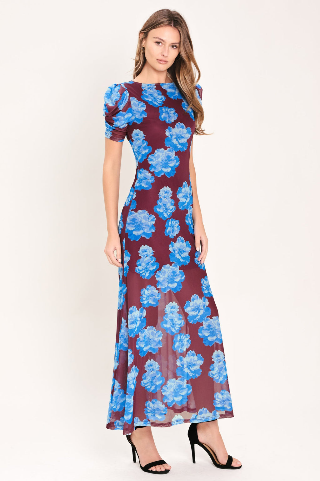 ROYAL BLOOM POWER MESH MIDI DRESS