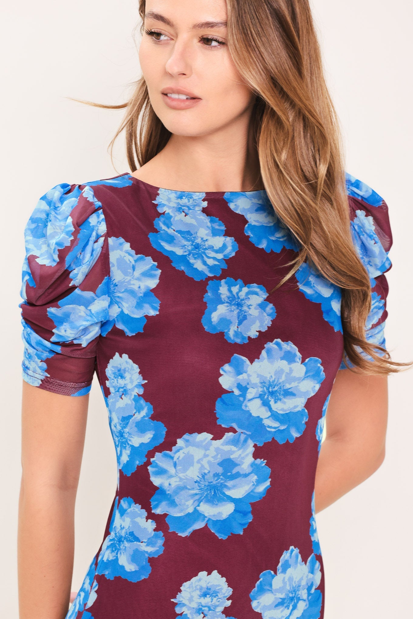 ROYAL BLOOM POWER MESH MIDI DRESS