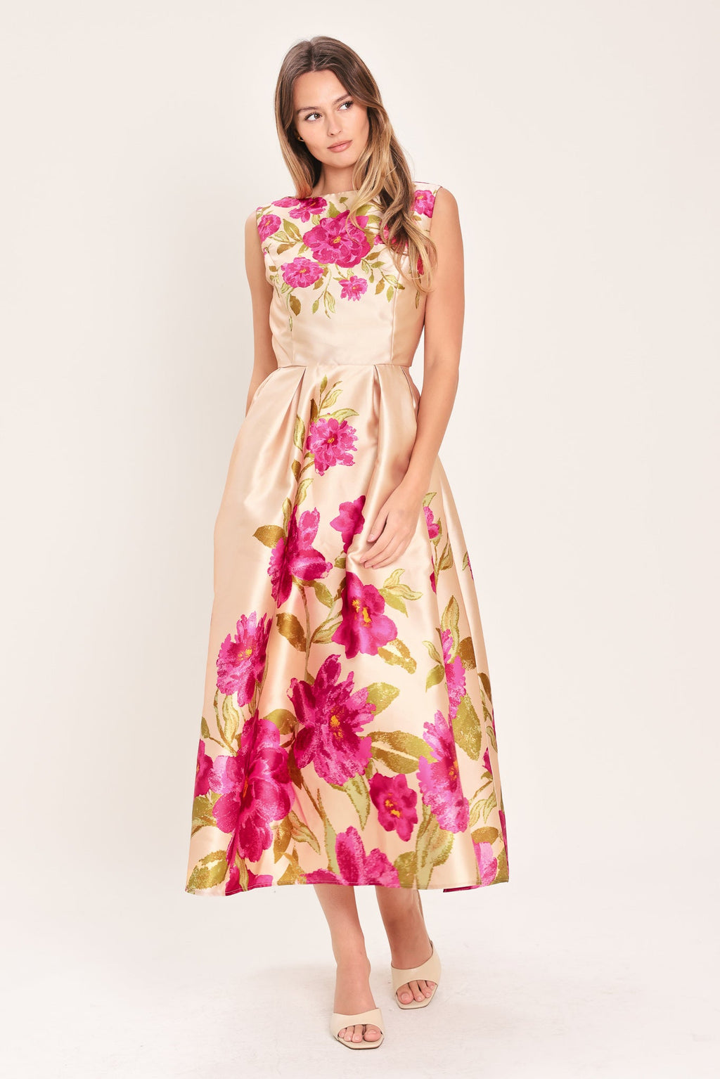 SOFT SATIN FLORAL WOVEN MIDI DRESS