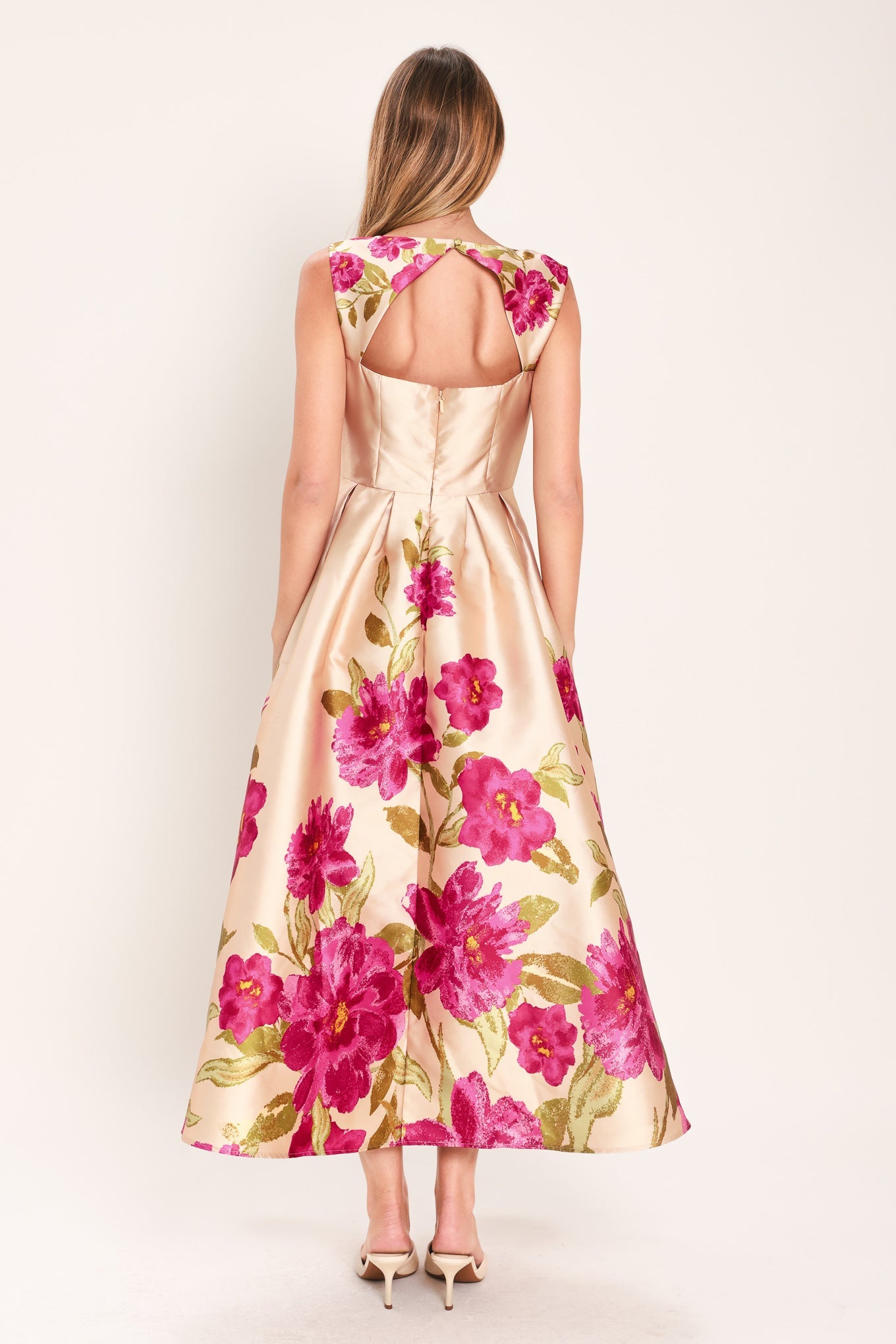 SOFT SATIN FLORAL WOVEN MIDI DRESS