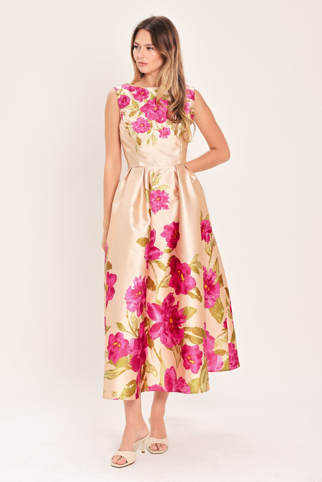SOFT SATIN FLORAL WOVEN MIDI DRESS