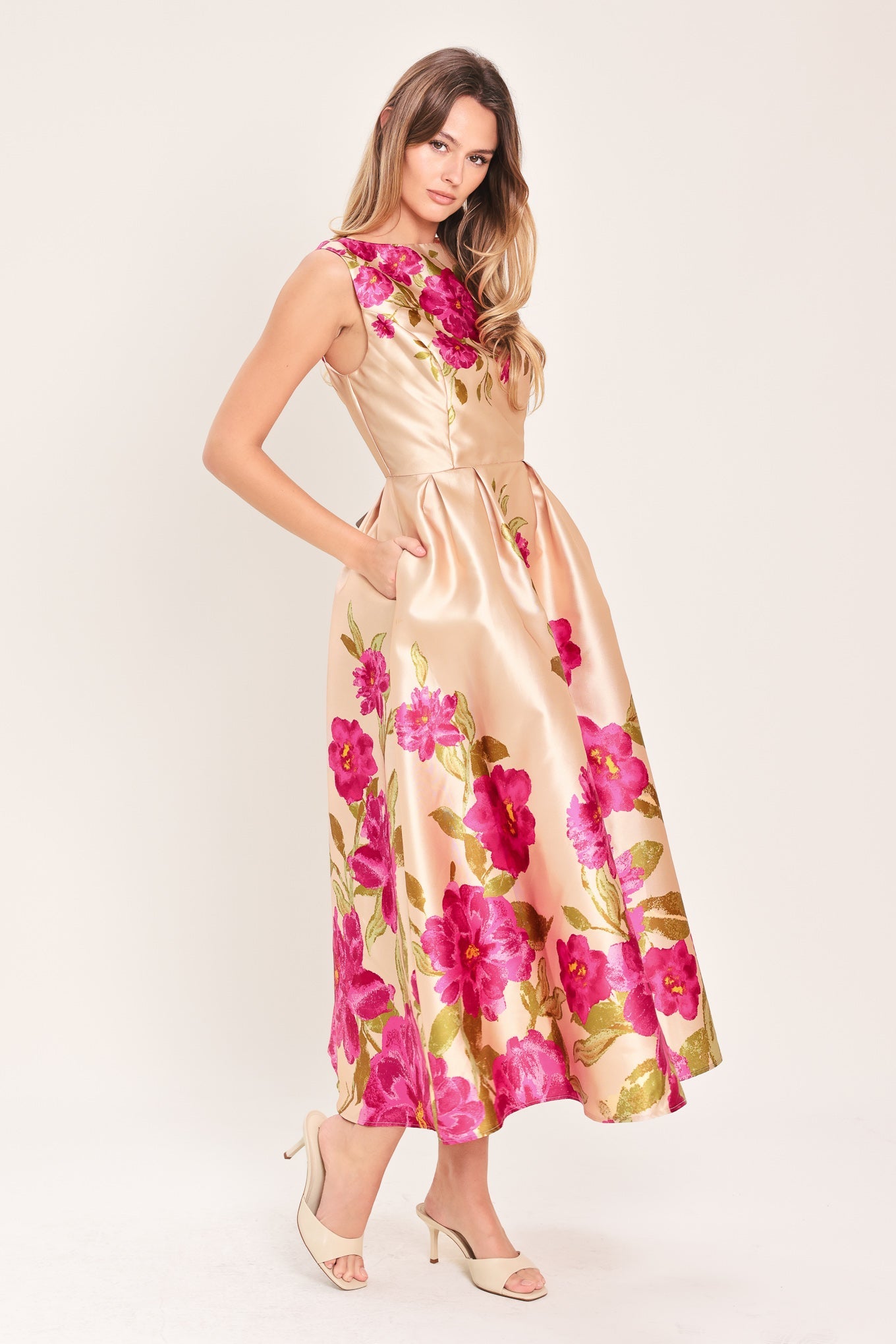 SOFT SATIN FLORAL WOVEN MIDI DRESS