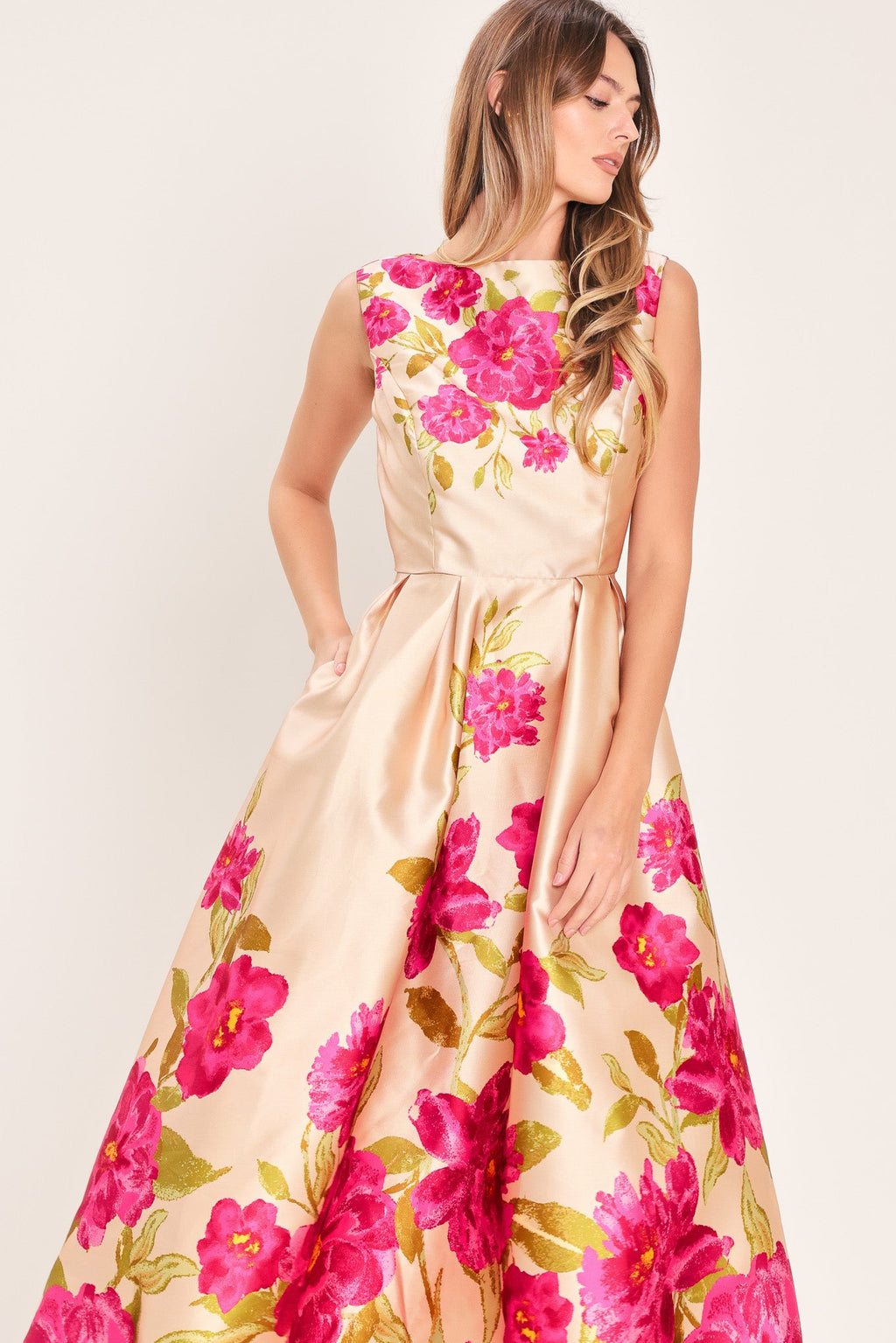 SOFT SATIN FLORAL WOVEN MIDI DRESS
