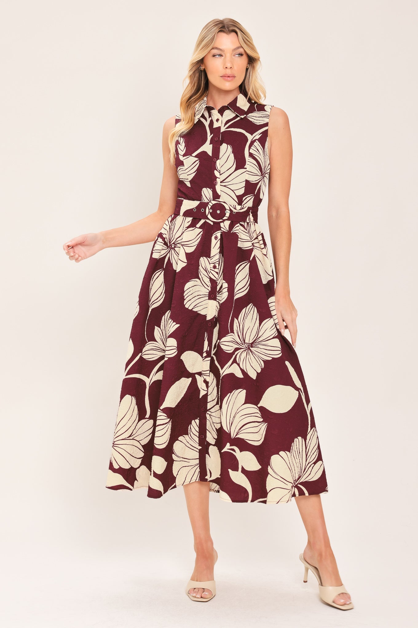 CLARET FLORAL DAY WOVEN MIDI DRESS