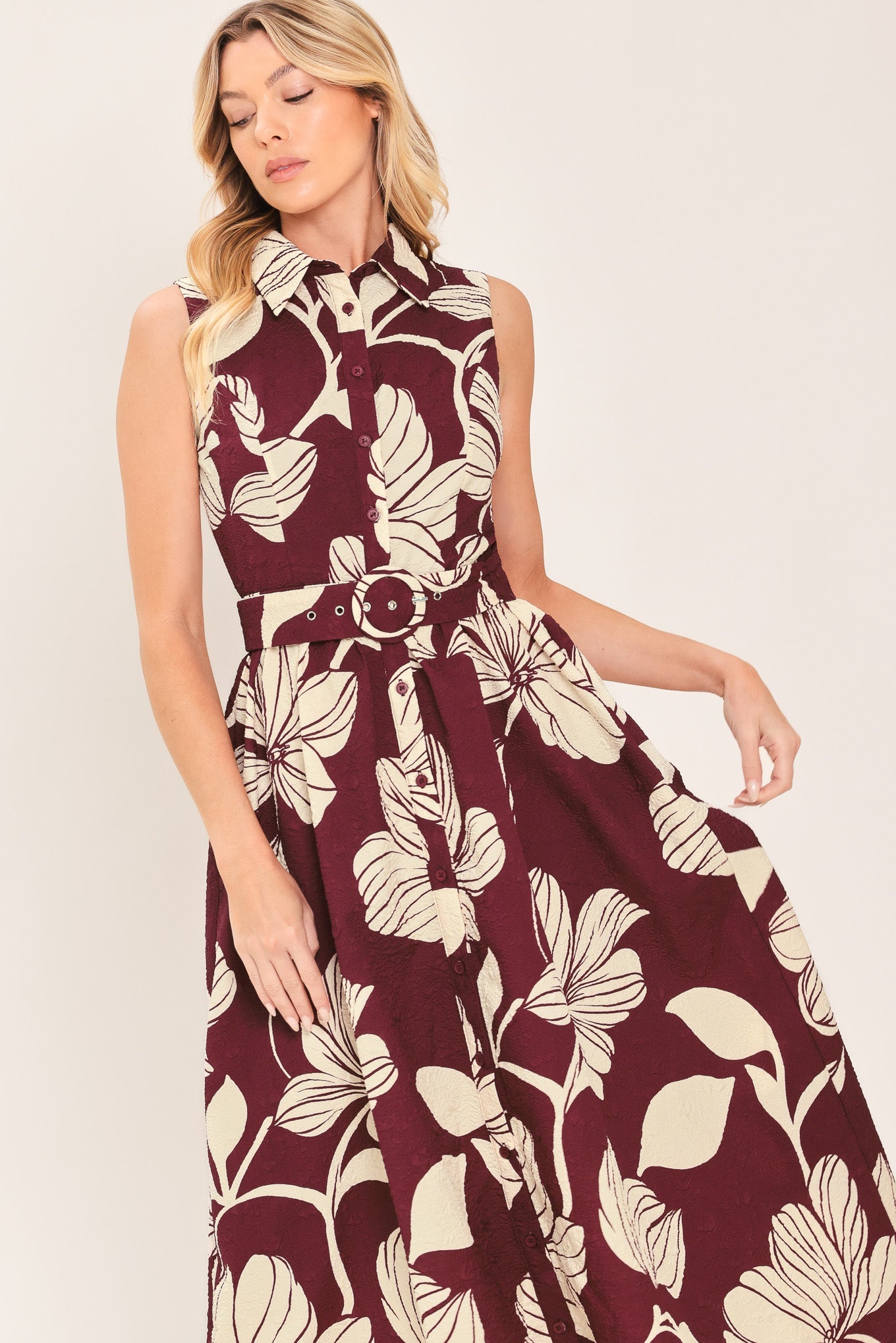CLARET FLORAL DAY WOVEN MIDI DRESS