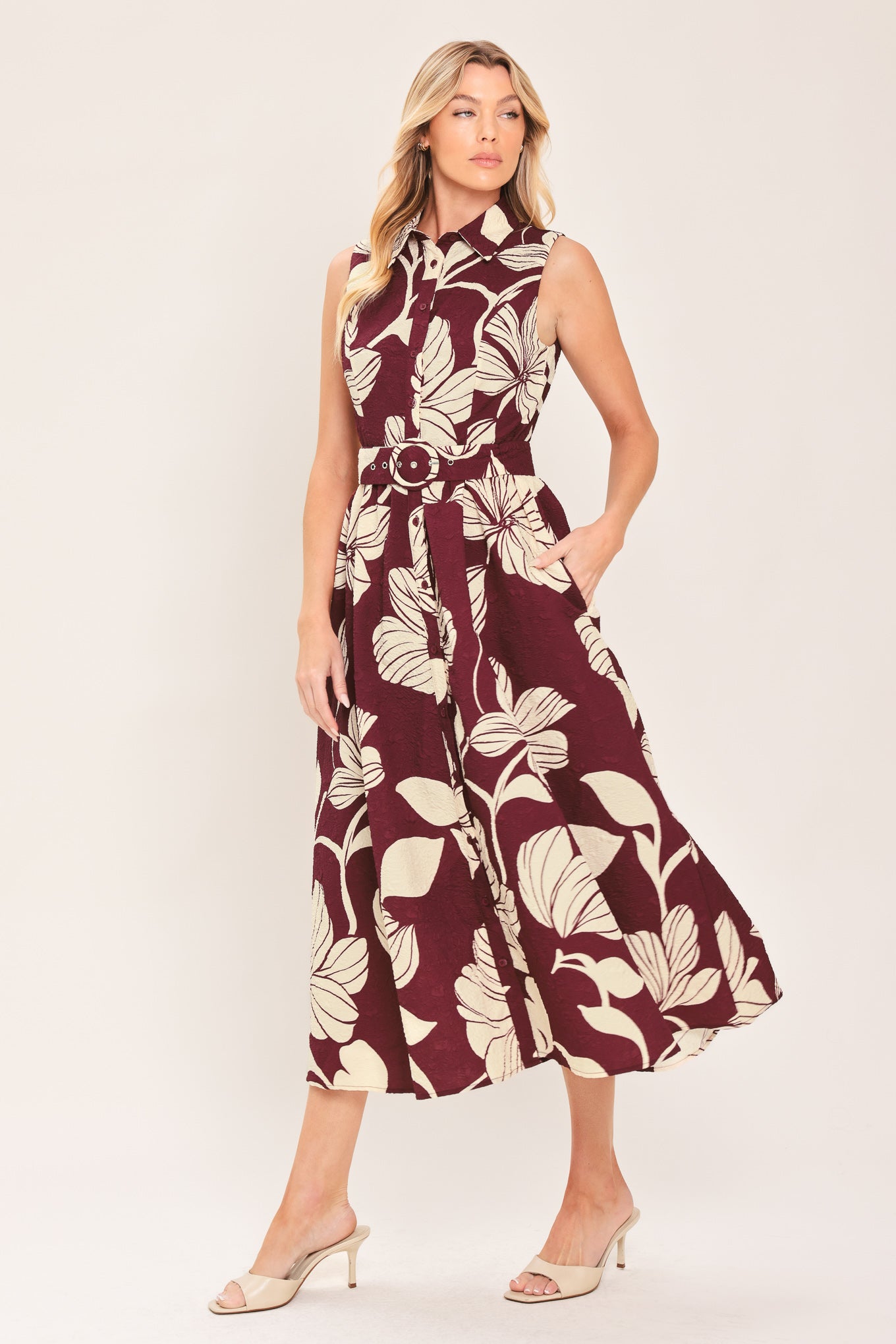 CLARET FLORAL DAY WOVEN MIDI DRESS