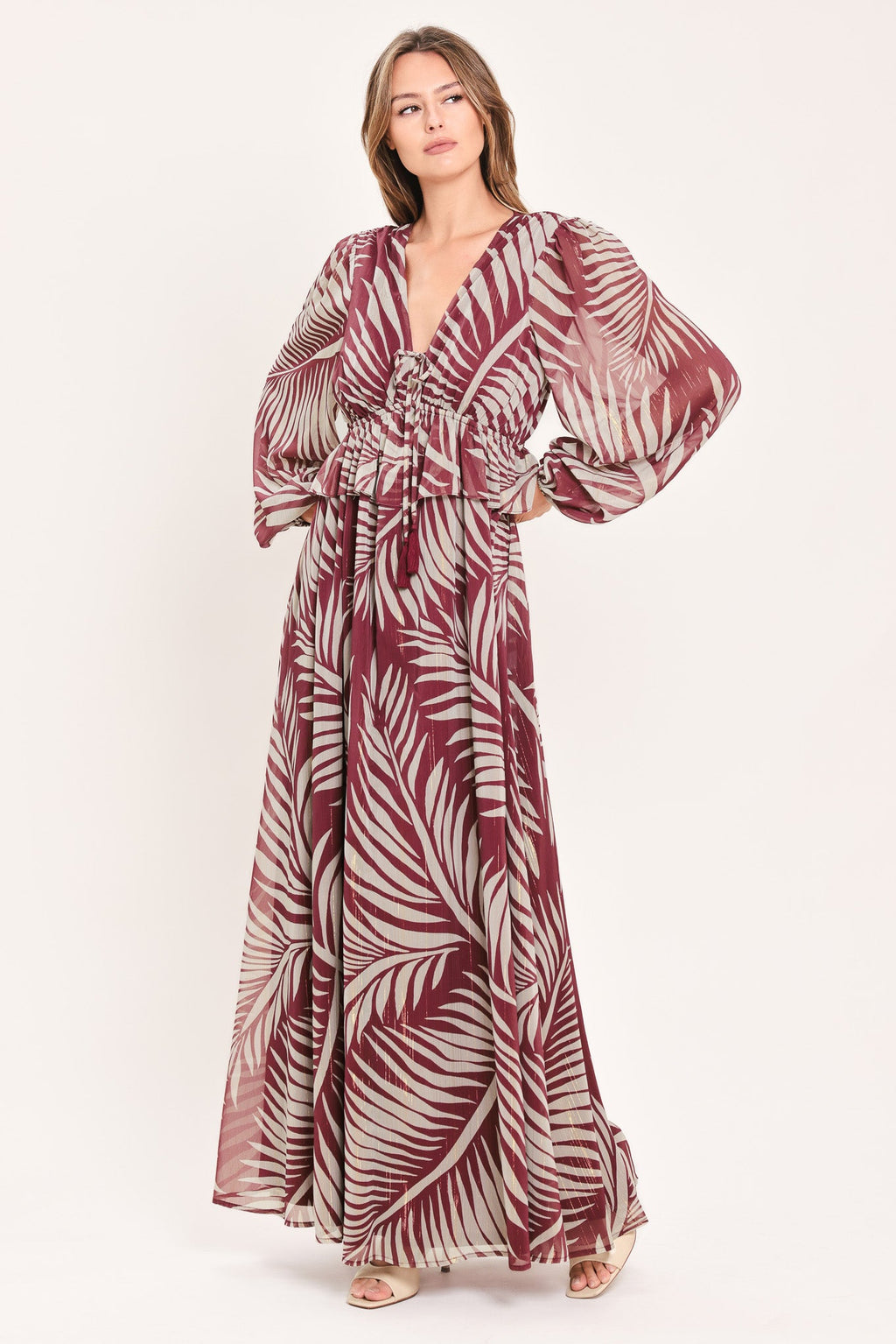 MERLOT LEAVES IN MOTION WOVEN MAXI DRESS