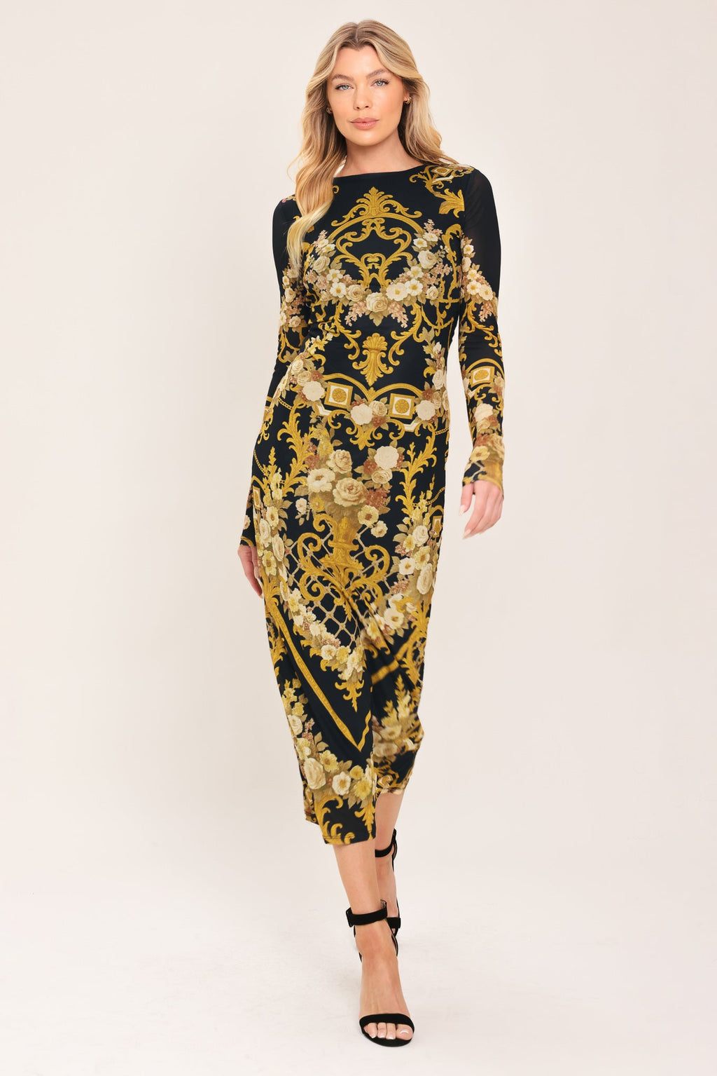 BAROQUE ROSE POWER MESH MIDI DRESS