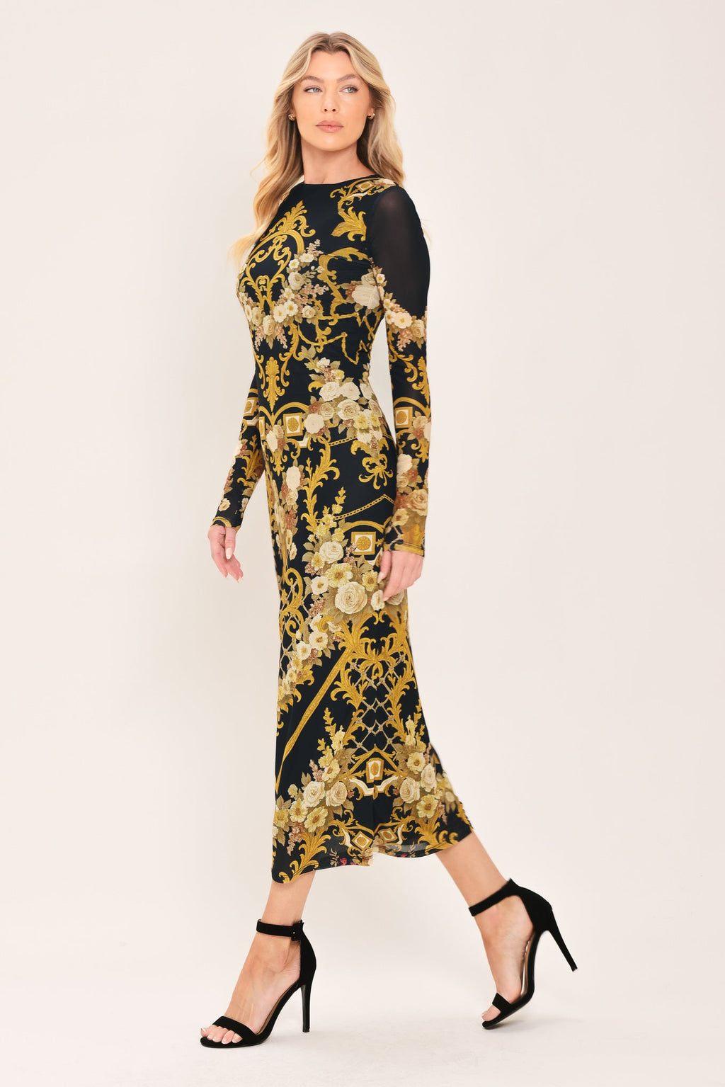 BAROQUE ROSE POWER MESH MIDI DRESS
