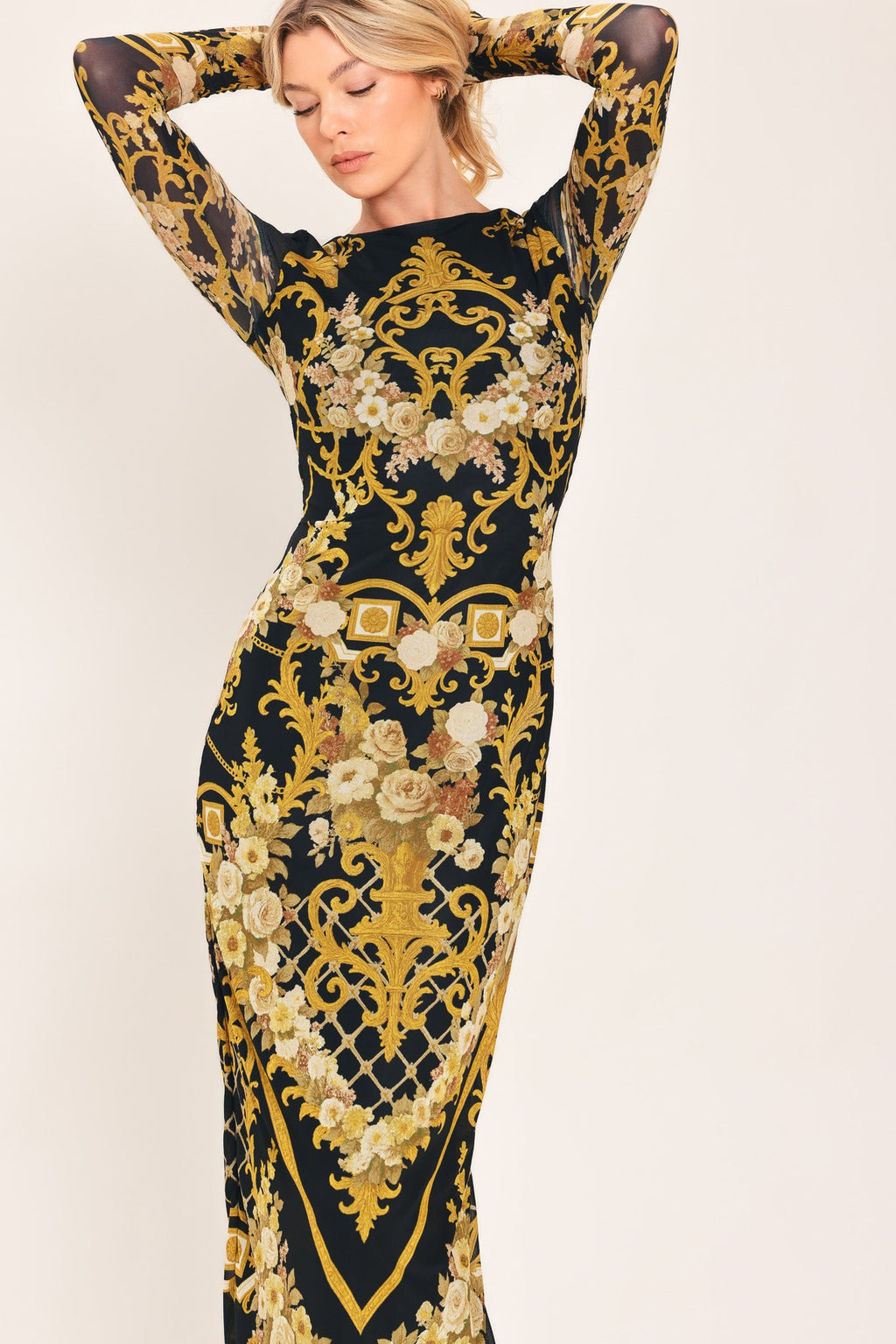 BAROQUE ROSE POWER MESH MIDI DRESS