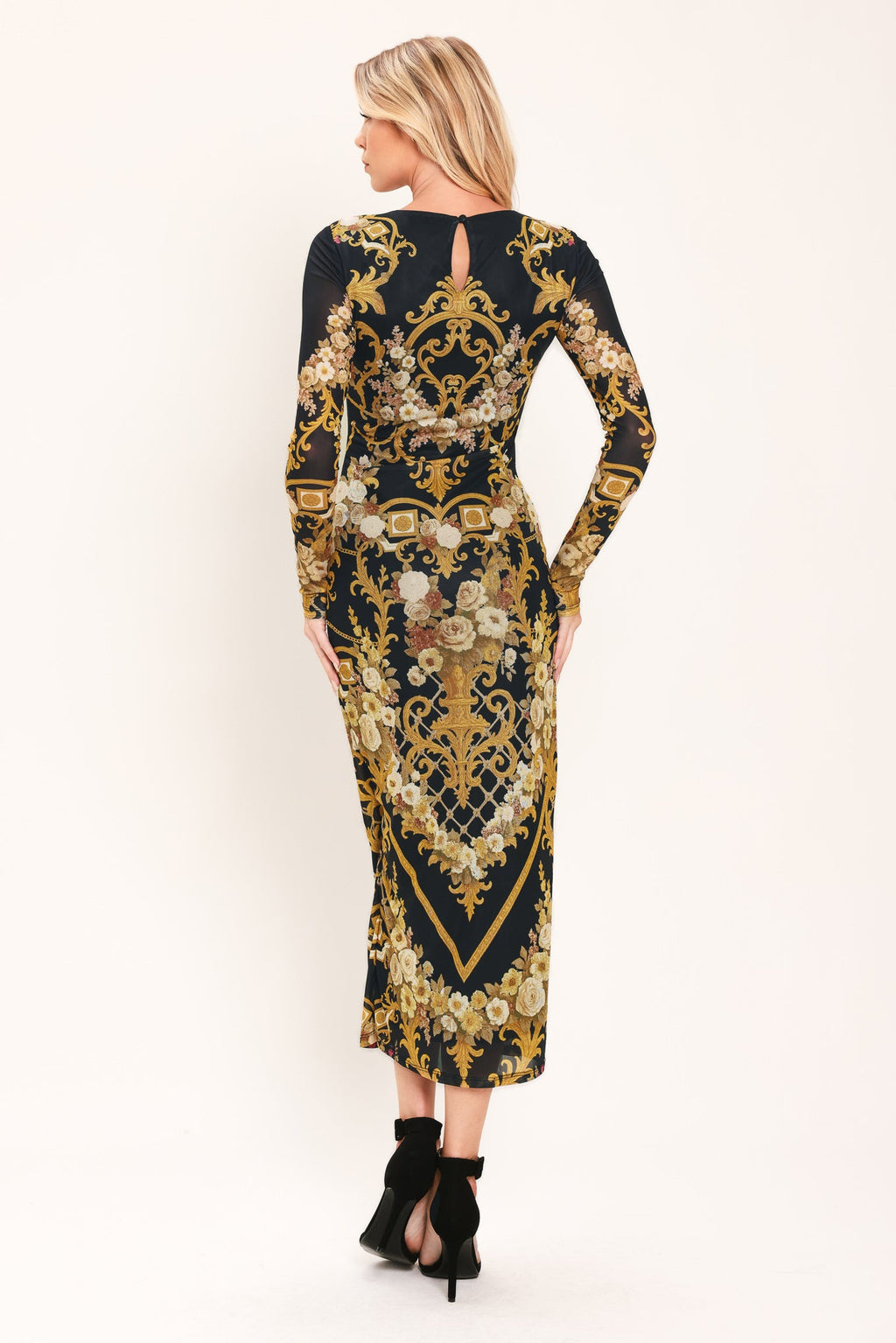BAROQUE ROSE POWER MESH MIDI DRESS