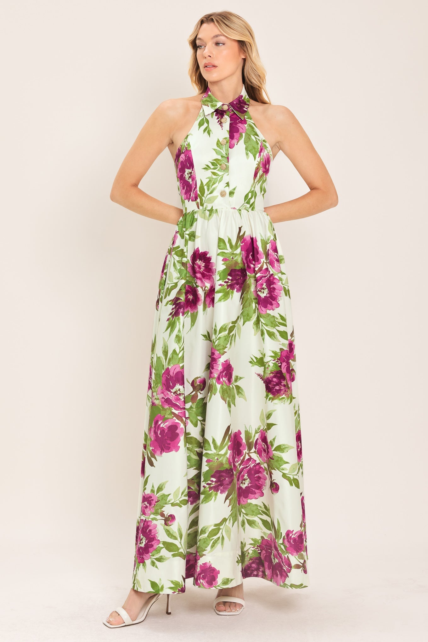 FUCHSIA ROSE HALTER WOVEN MAXI DRESS