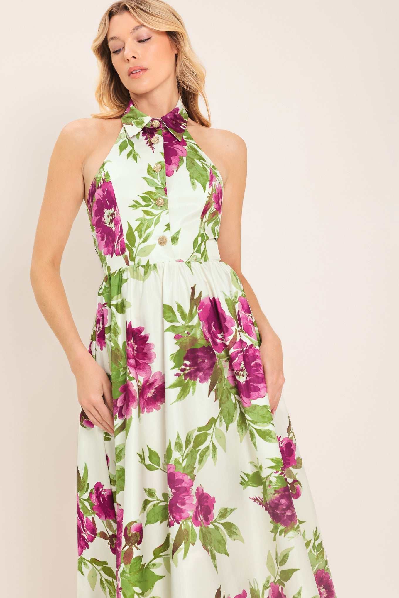 FUCHSIA ROSE HALTER WOVEN MAXI DRESS