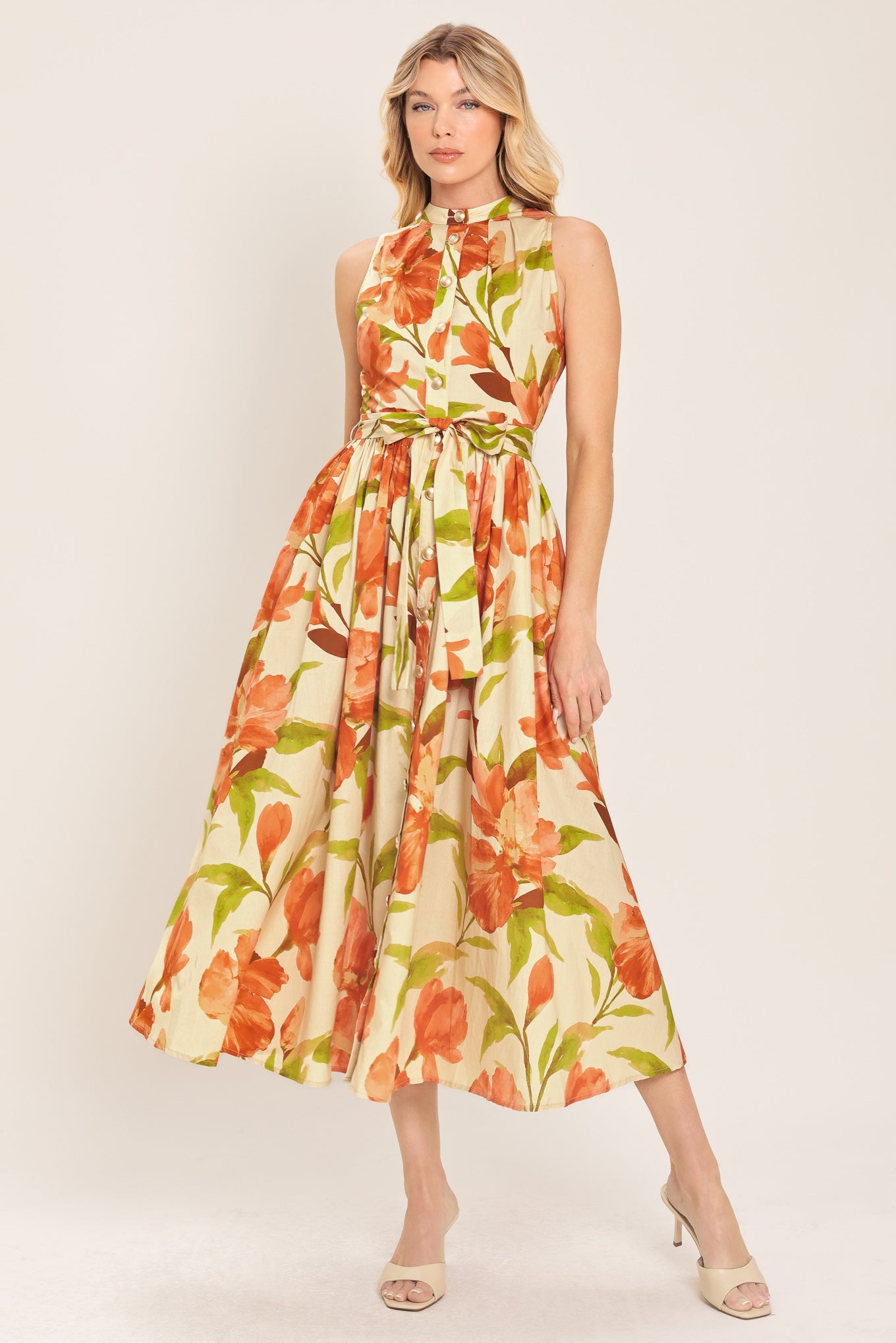 APRICOT SUNSET WOVEN MIDI DRESS