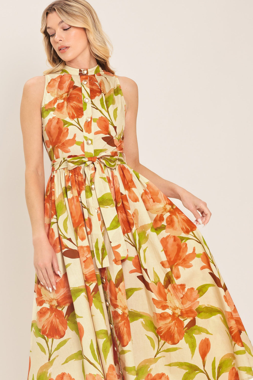 APRICOT SUNSET WOVEN MIDI DRESS