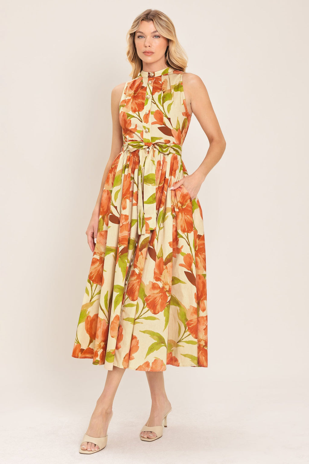 APRICOT SUNSET WOVEN MIDI DRESS