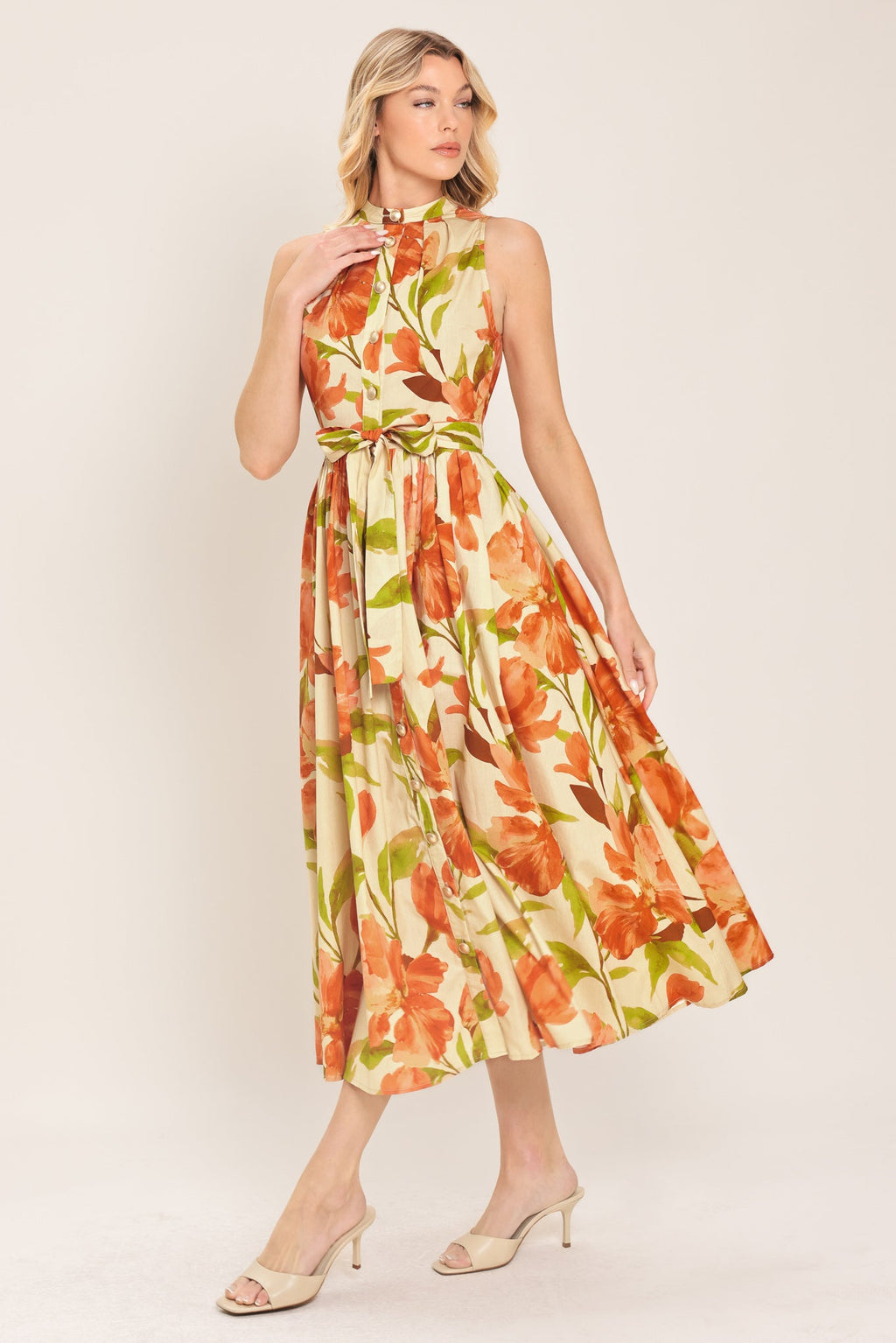 APRICOT SUNSET WOVEN MIDI DRESS