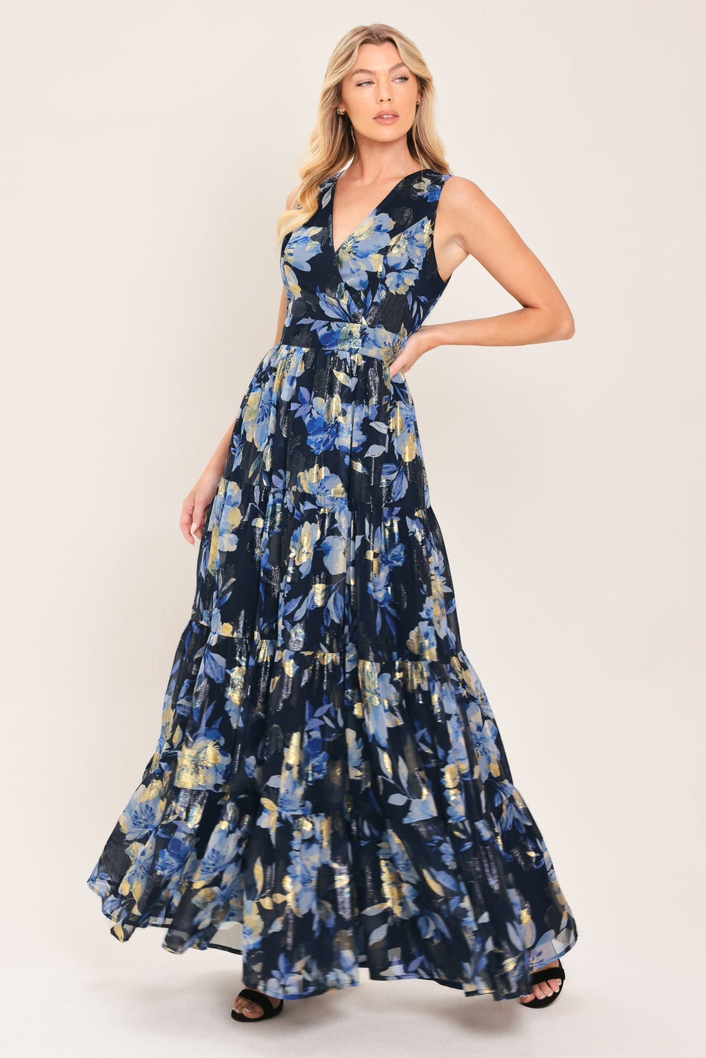 FOIL FLORAL EVENING WOVEN MAXI DRESS