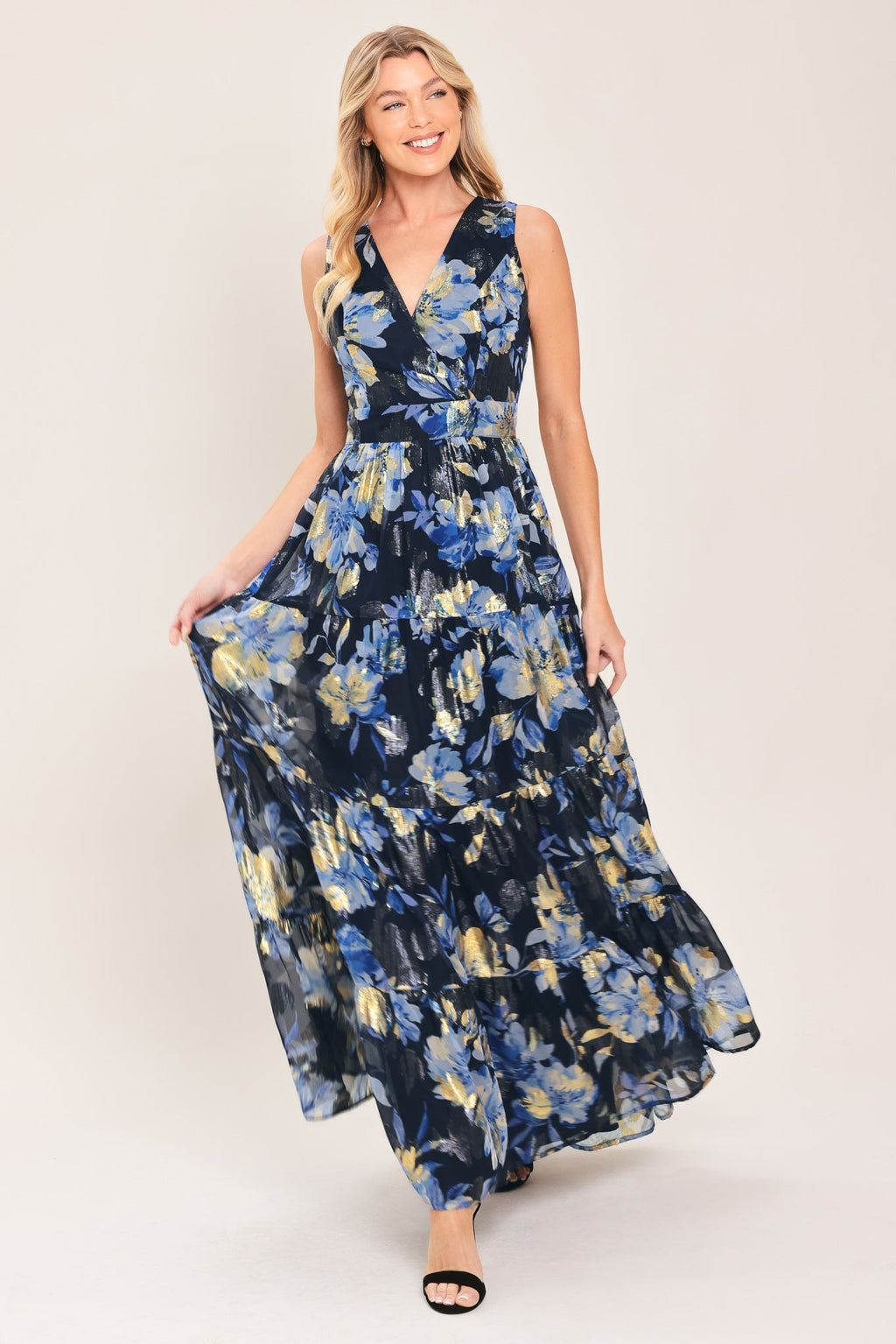 FOIL FLORAL EVENING WOVEN MAXI DRESS