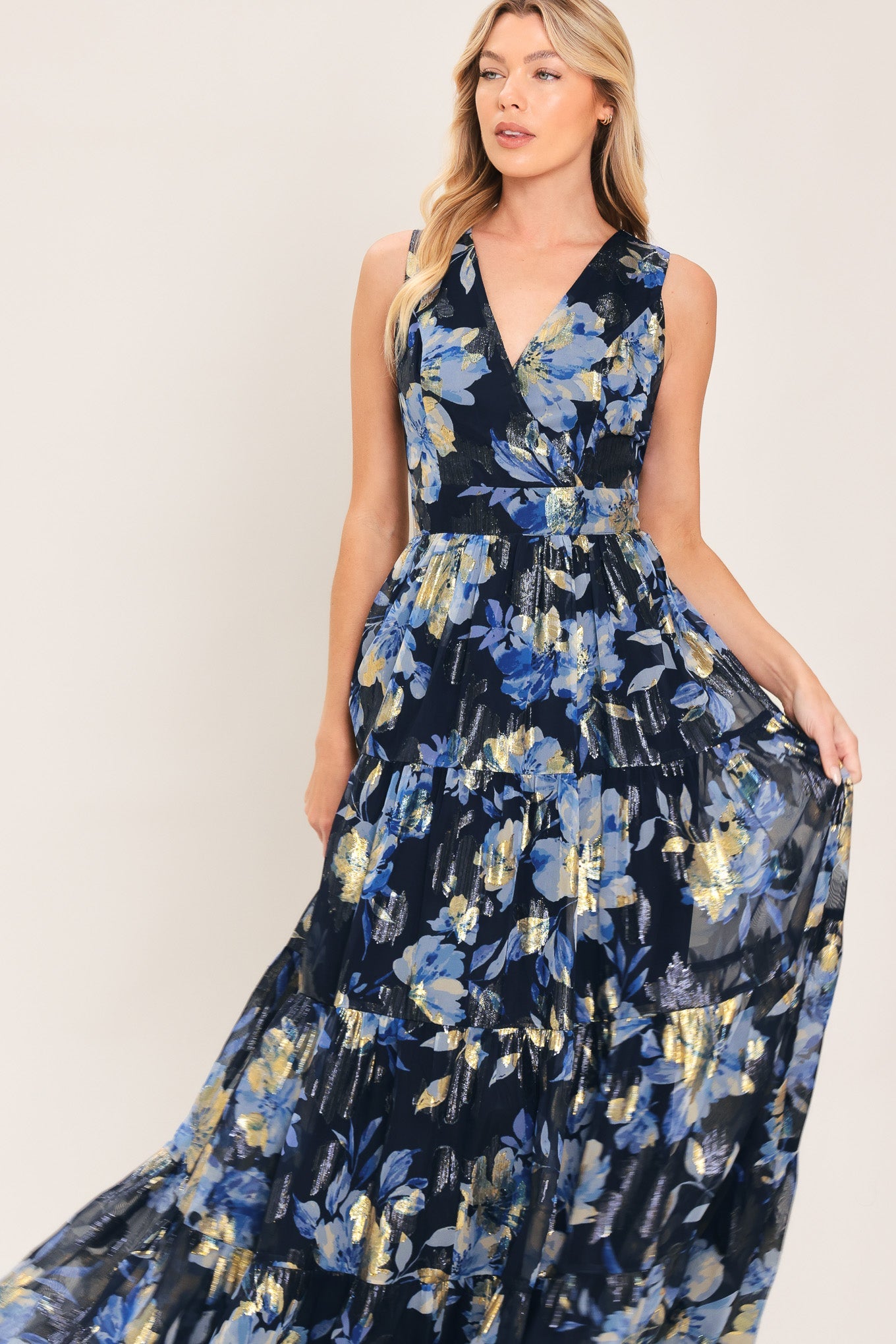FOIL FLORAL EVENING WOVEN MAXI DRESS