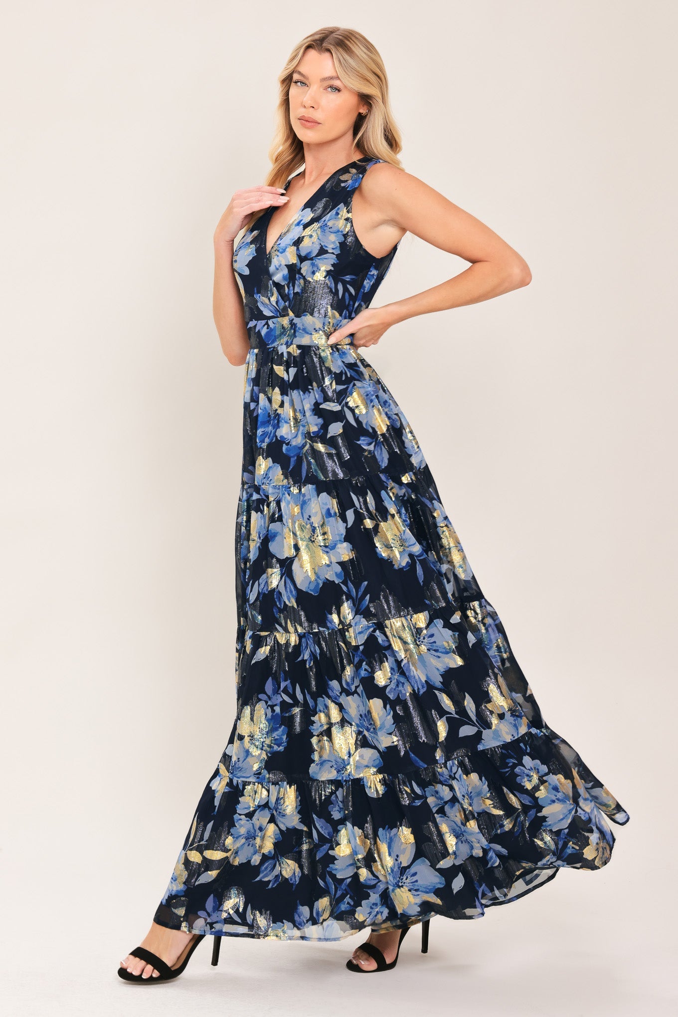 FOIL FLORAL EVENING WOVEN MAXI DRESS