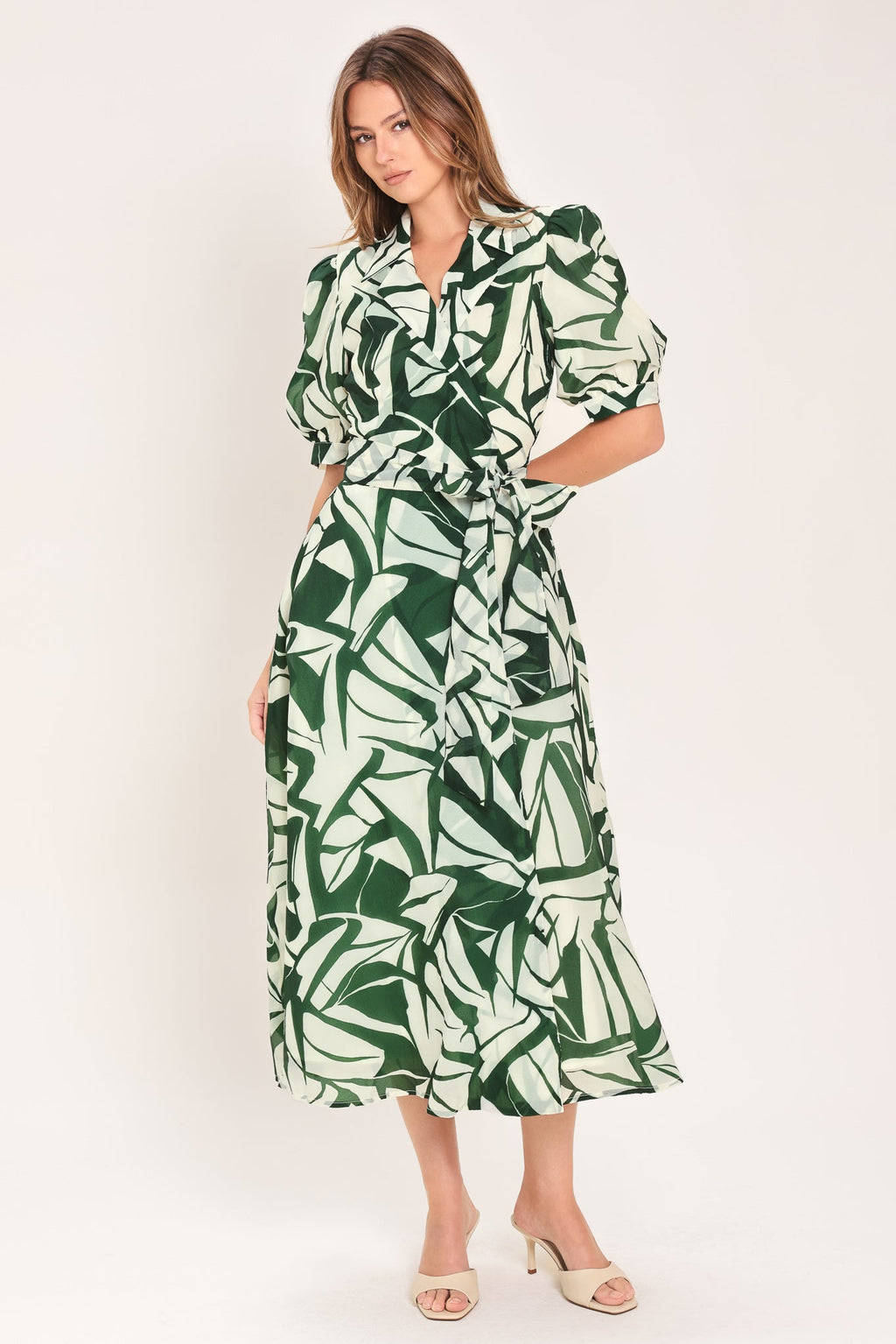 BOTANICAL BREEZE WOVEN TRUE WRAP MIDI DRESS